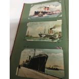 An early 20th century postcard album containing shipping and cruise post cards air ships trains