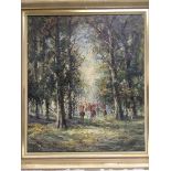 A gilt framed acrylic on canvas of a hunting scene, approx 73cm x 82.5cm including frame - NO