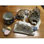 A Russian porcelain tiger, Delft fighting bull, silver mounted adams Jasperware mug, Royal Albert