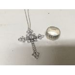 A silver wedding band and a silver necklace and cross with simulated diamonds (2) - NO RESERVE