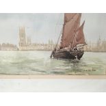 A framed watercolour study of a Thames Barge on the Thames with the Houses of Parliament beyond.
