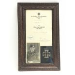 WW2 Framed Waffen SS Iron Cross 1st Class, Certificate & Photograph