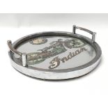 An Art Deco silver plated tray, having twin handles and bearing images for Indian Motorcycle