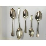 Five Georgian silver spoons, different assays, approx 218g.