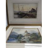 Three framed watercolours, one of fishing boats, one of a Continental harbour plus a mountain