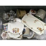 A box containing decorative china and ceramics including some Royal Albert old English country