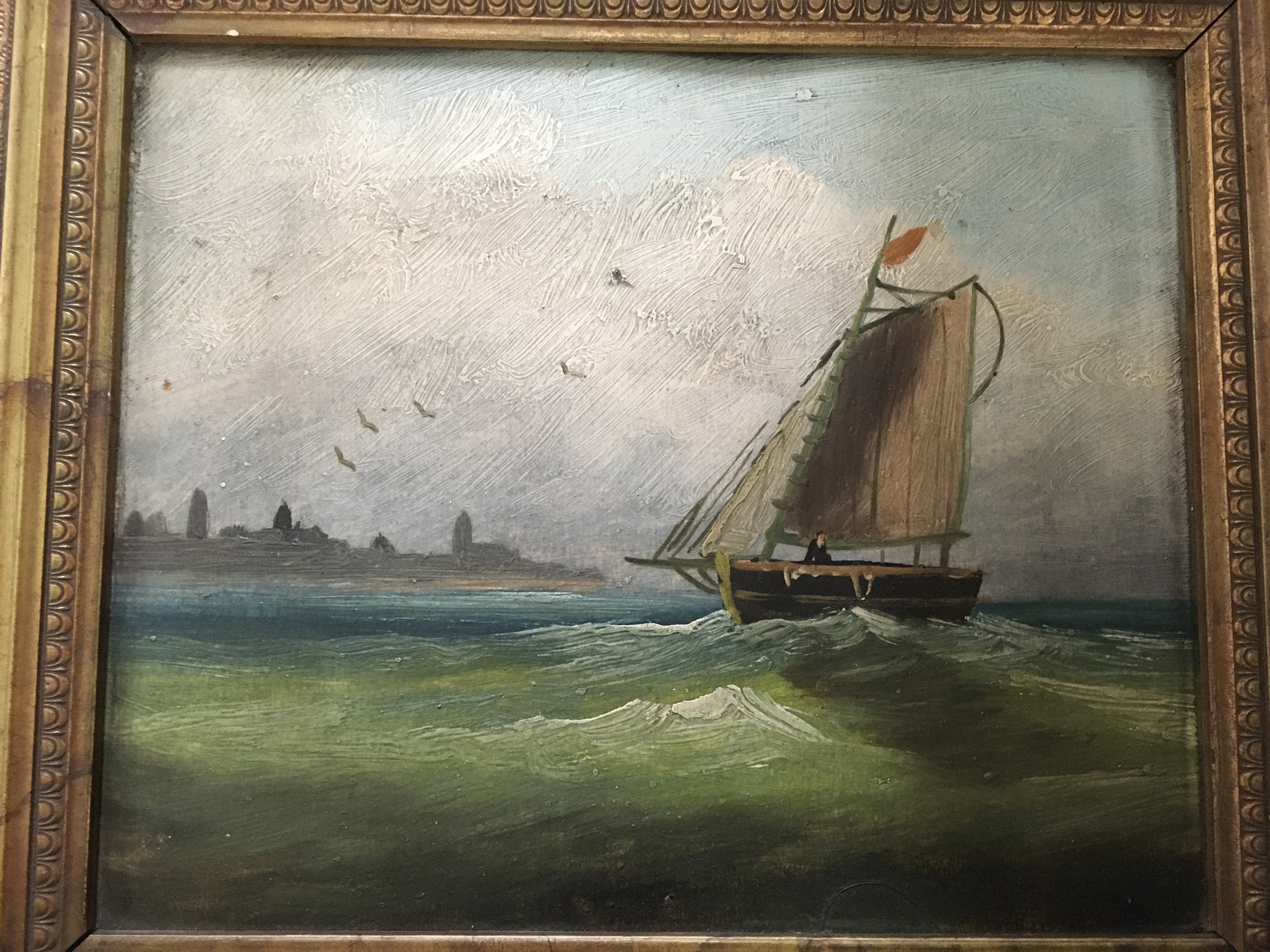 A pair of 19thC gilt framed oils on board of saili - Image 3 of 3