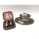 A hallmarked silver oval capstan style inkwell, 17 x 10cm, Birmingham 1926 plus a small cased
