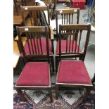 3 1930s mahogany dining chains with red upholstered seats and 1 matching carver.