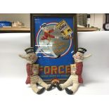 Vintage Force Flakes original advertising mirror, two original Force Flakes Sunny Jim figures and