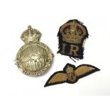 Badges British an " Unto Him " large metal badge and bullion " I.R " both Kings Crown