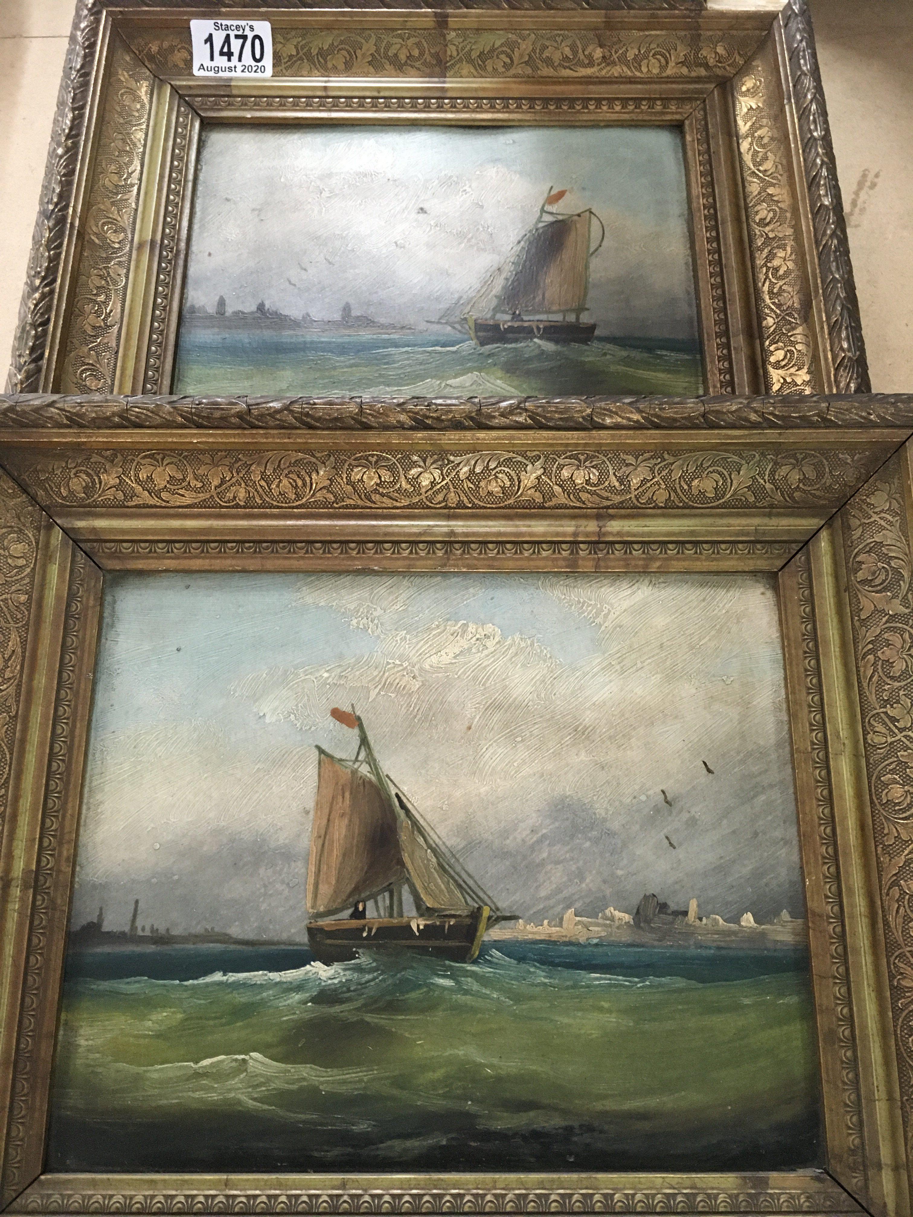 A pair of 19thC gilt framed oils on board of saili