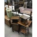 An small veneered cabinet, 2 oak tables, Edwardian occasional table plus a 3 tier oak cake stand.