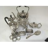 A silver plated spirit kettle with stand and burner silver Plated napkin rings and Other plate.
