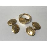 A pair of heavy 18ct gold cufflinks and signet ring, 14.8g.