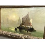 A large gilt frame oil on canvas depicting continental sea scape singed C webster. 104 by 60cm