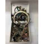 A good box of mixed fashion jewellery including a large sterling silver pink stone set cross and a