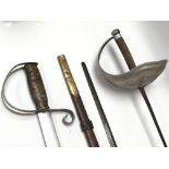 Three swords including an old fencing foyle, an old sword with wooden handle and leather sheath