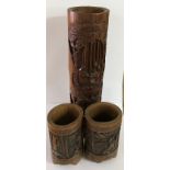 3 Carved Chinese bamboo brush pots.