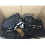 A box containing military webbings a pair of binoculars a first aid box and other oddments (a lot)