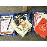 Nine boxes containing a large collection of books, magazines, video tapes and DVDs including railway