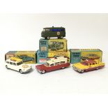 Corgi toys, #354 Military Ambulance, #480 Chevrolet Taxi cab, #475 Citroen Safari, Olympic winter