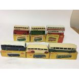 Dinky toys, #290 Dunlop double deck bus x2, #292 Leyland Atlantean bus, #283 BOAC coach, #281 Luxury