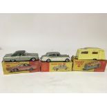 Dinky toys #137 Plymouth fury convertible, #198 Rolls Royce phantom V and #117 four berth caravan,