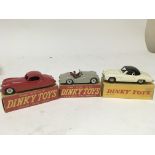 Dinky toys, #157 Jaguar XK120 coupe (red), #105 Triumph TR2 sports and #24H Mercedes Benz 190SL,