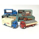 Corgi toys, #452 Commer dropside lorry, #455 Karrie Bantem two tonner and #453 Commer Walls