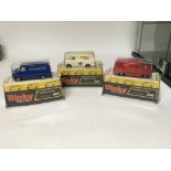 Dinky toys, #410 Bedford van x3 John Menzies, Modellers world and Royal Mail, boxed