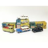 Corgi toys, #490 Volkswagen breakdown truck, #448 BMC Mini police van (no figures), #419 Ford Zephyr