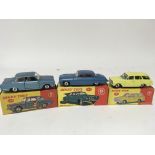 Dinky toys, #139 Ford Consul Cortina, #142 Jaguar Mark X and #141 Vauxhall Victor estate, boxed