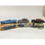 Dinky toys, #57/005 Ford Thunderbird, #537 Renault 16 and #1400 Taxi radio G7 404 Peugeot, boxed