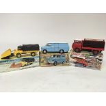 Dinky toys, #567 Mercedes Benz unimog snow plough, #407 Ford Transit van and #402 Bedford Coke