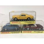 Dinky toys, #129 Volkswagen deluxe saloon, #190 Monteverdi 375L and #161 Ford Mustang, boxed
