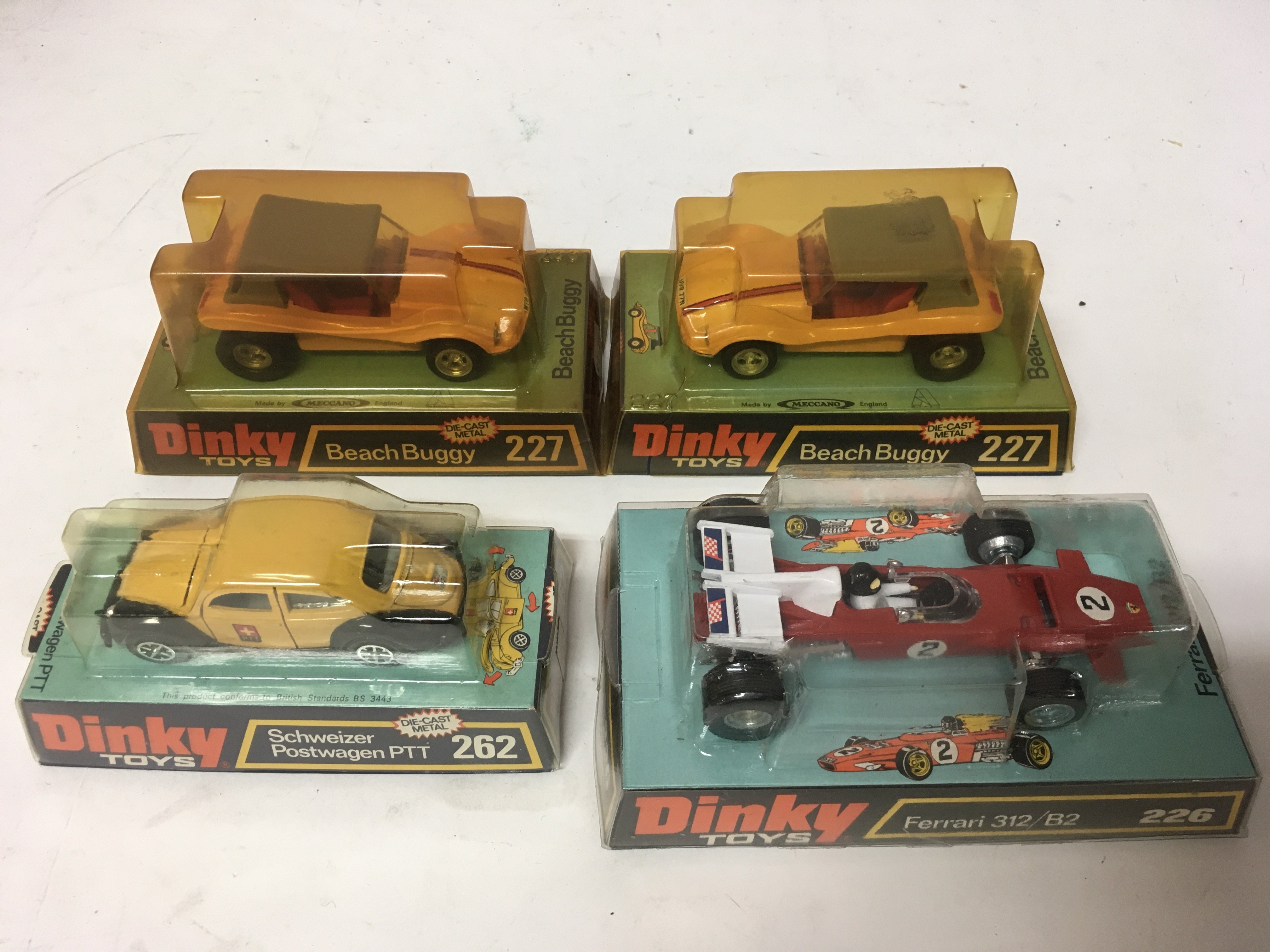 Dinky toys, #227 Beach buggy x2, #262 Schweitzer postwagen PTT, Ferrari 312/B2