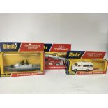 Dinky toys, #673 Submarine chaser, #266 ERF Fire tender and #274 Ford Transit Ambulance, boxed