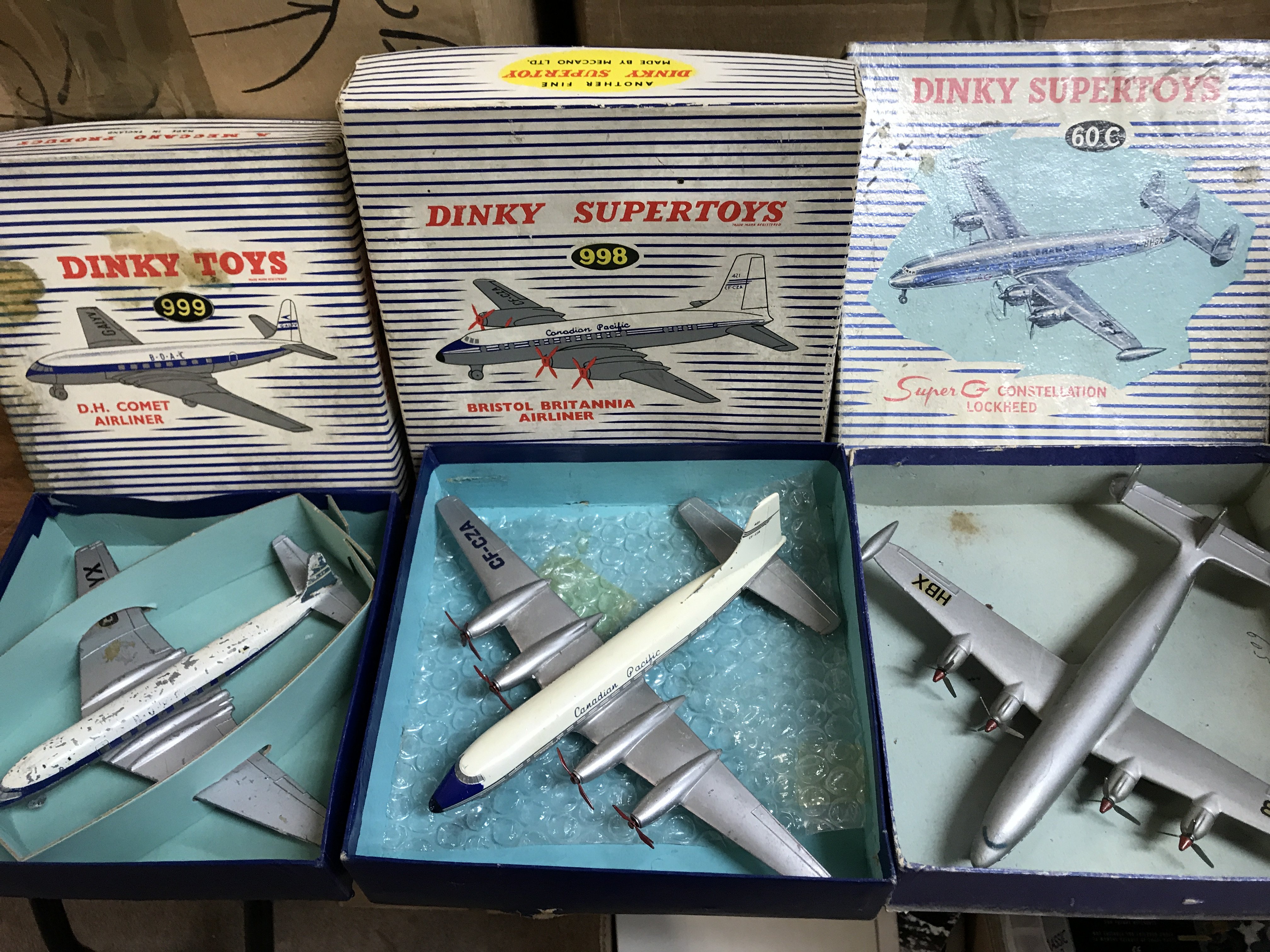 Dinky toys, #999 DH Comet airliner, #998 Bristol Britannia airliner and #60C Super G Constellation