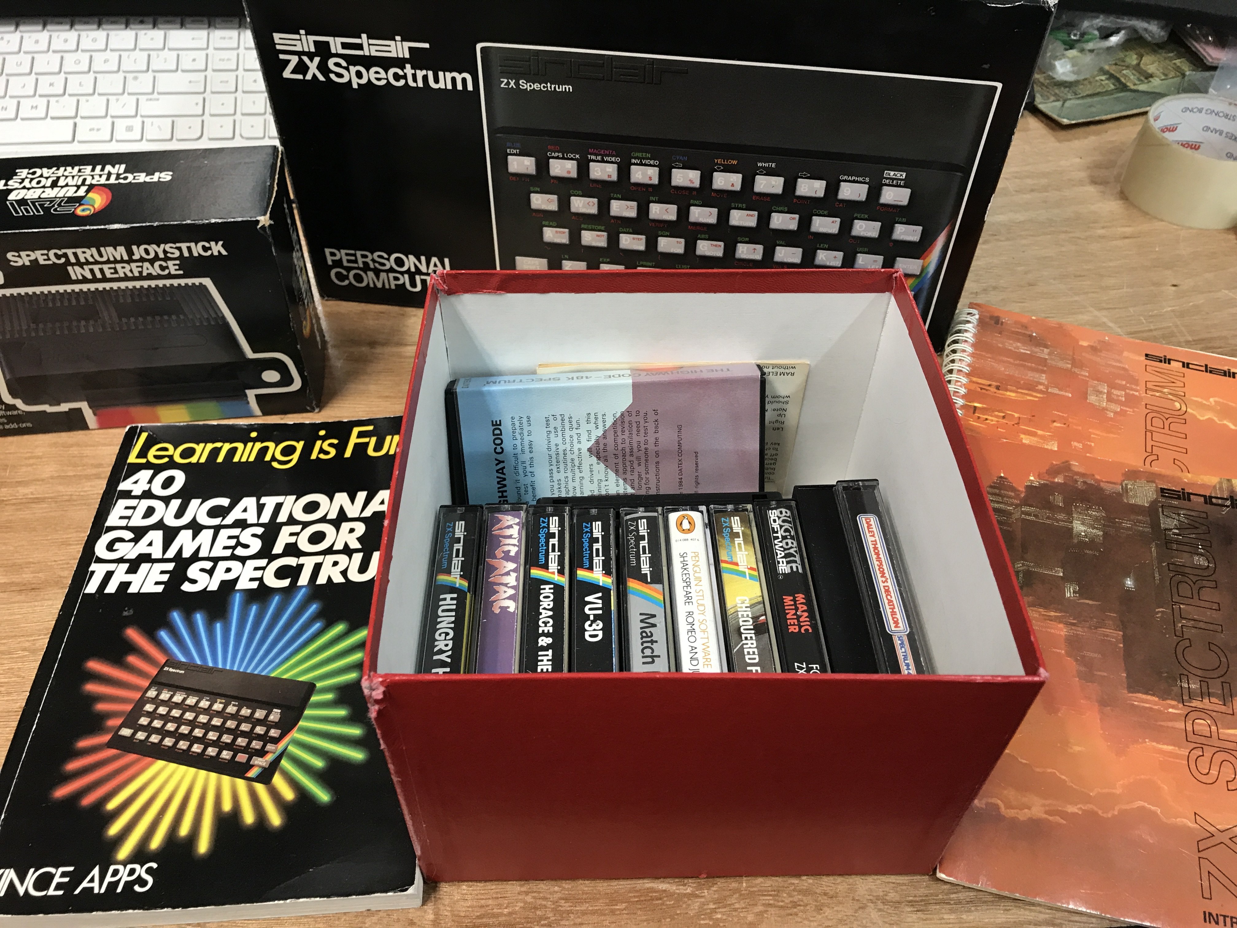 Sinclair ZX Spectrum personal computer with joystick interface and games, boxed