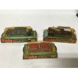 Dinky toys, #128 Mercedes Benz 600, #131 Jaguar E type 2+2 and Rolls Royce phantom V, damaged box,