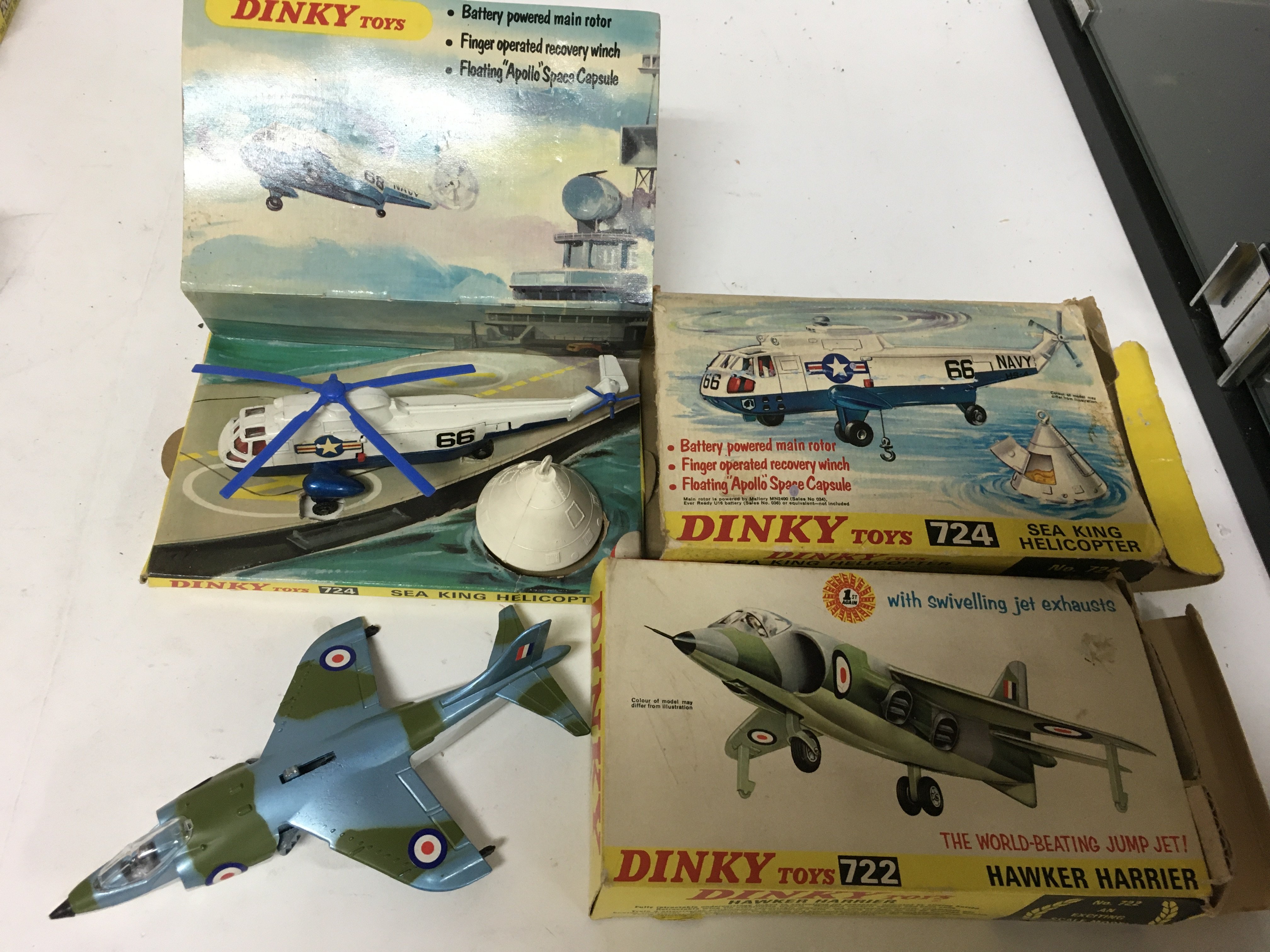 Dinky toys #722 Hawker Harrier jump jet and #724 Sea king Helicopter, boxed