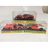 Dinky toys, #187 De Tomaso-mangusta, #210 Alfa Romeo 33 tipo Le Mans and #216 Dino Ferrari, boxed