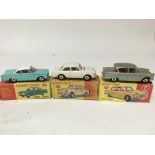 Dinky toys, #143 Ford Capri, #144 Volkswagen 1500 and #145 Singer Vogue, boxed