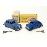 Triang Minic , tinplate clockwork , boxed, Austin A40 saloon and Morris minor with keys