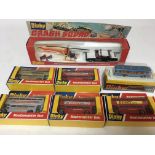 Dinky toys, #299 Crash Squad, #296 Duple viceroy 37 luxury coach and #289 Routemaster bus x5, boxed