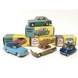 Corgi toys, #216 Austin A40 saloon, #231 Triumph Herald coupe, #201 Austin Cambridge saloon and #233