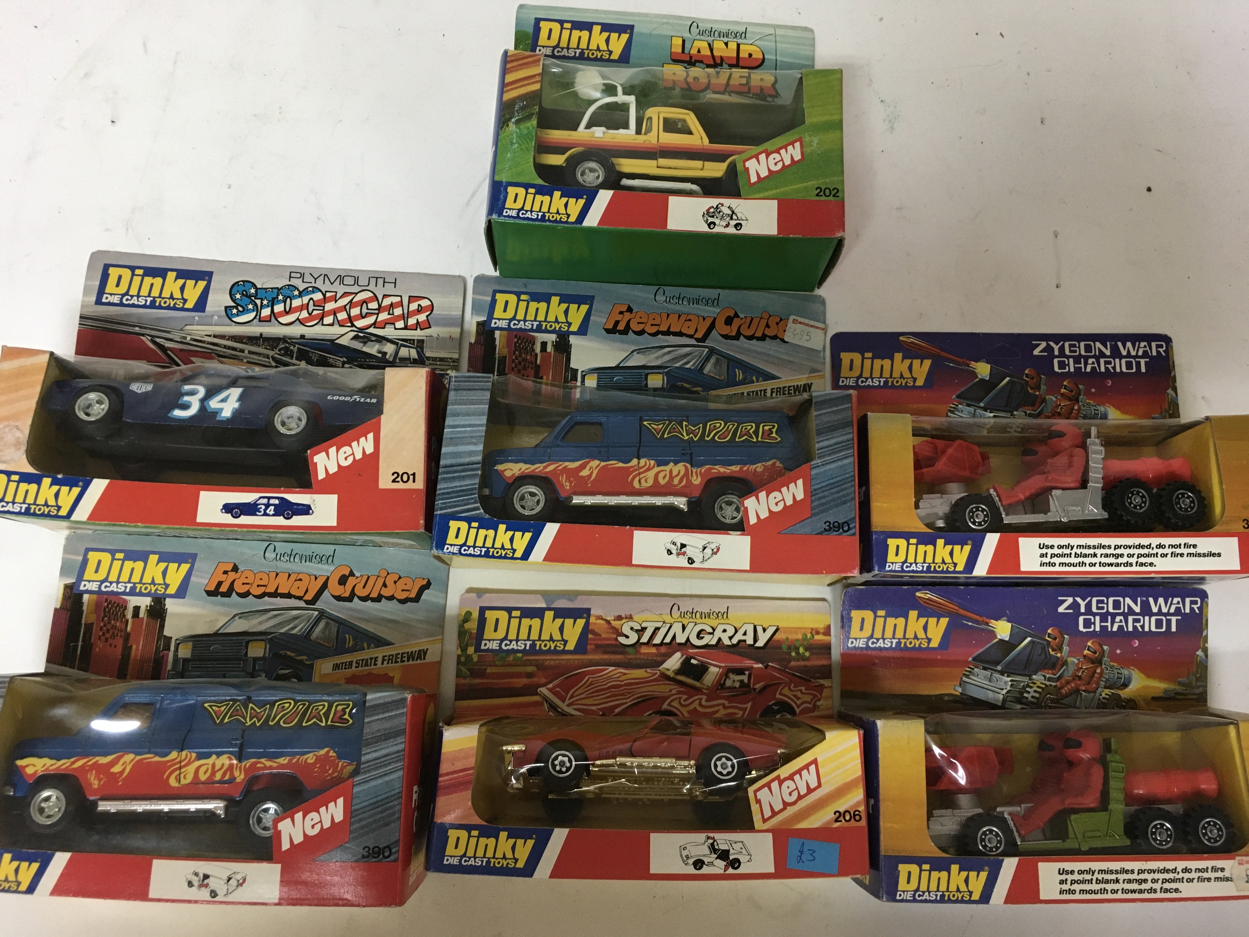 Dinky toys, #202 Customised Land Rover, #201 Plymouth Stockcar, #390 Customised freeway cruiser