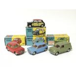 Corgi toys, #226 Morris Mini minor, #249 Mini Cooper with delux wicker work, #225 Austin 7 and #