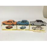 Dinky toys, #011543 Opel Ancona, #011541 Ford Fiesta and #169 Ford Corsair 2000, boxed